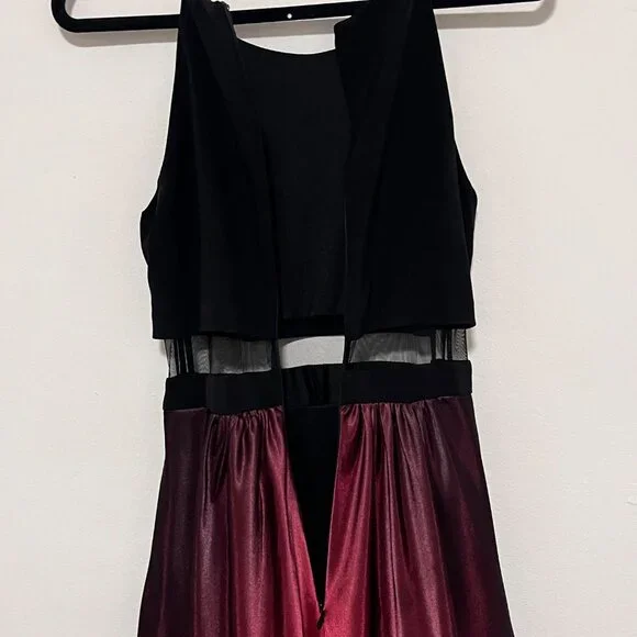 Two-Tone Black & Red Sleeveless Maxi Gown With Sheer Mesh Waist Detail And Gradi - Picture 14 of 15